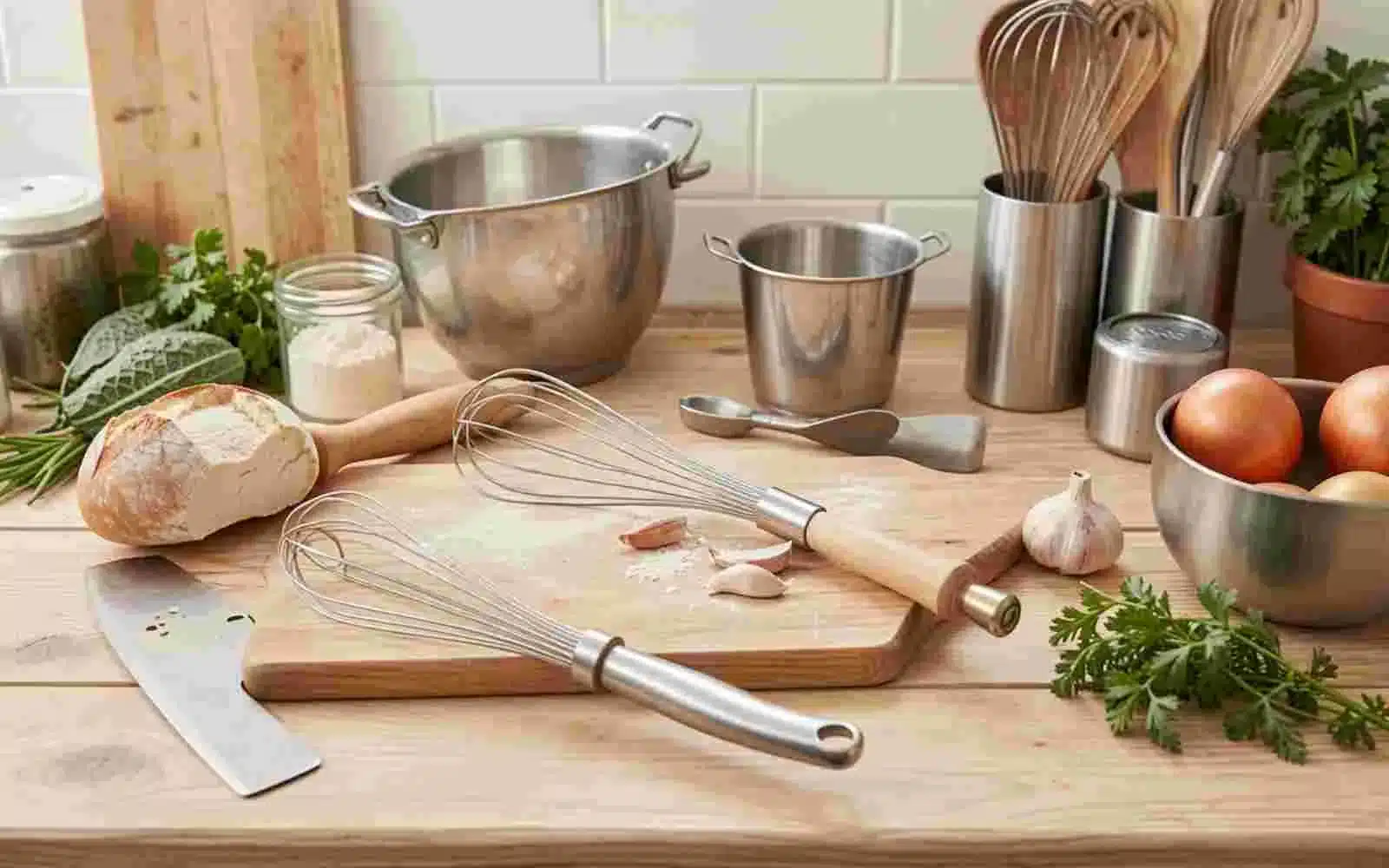 Fresh ingredients, kitchen tools and appliances on a modern home kitchen counter